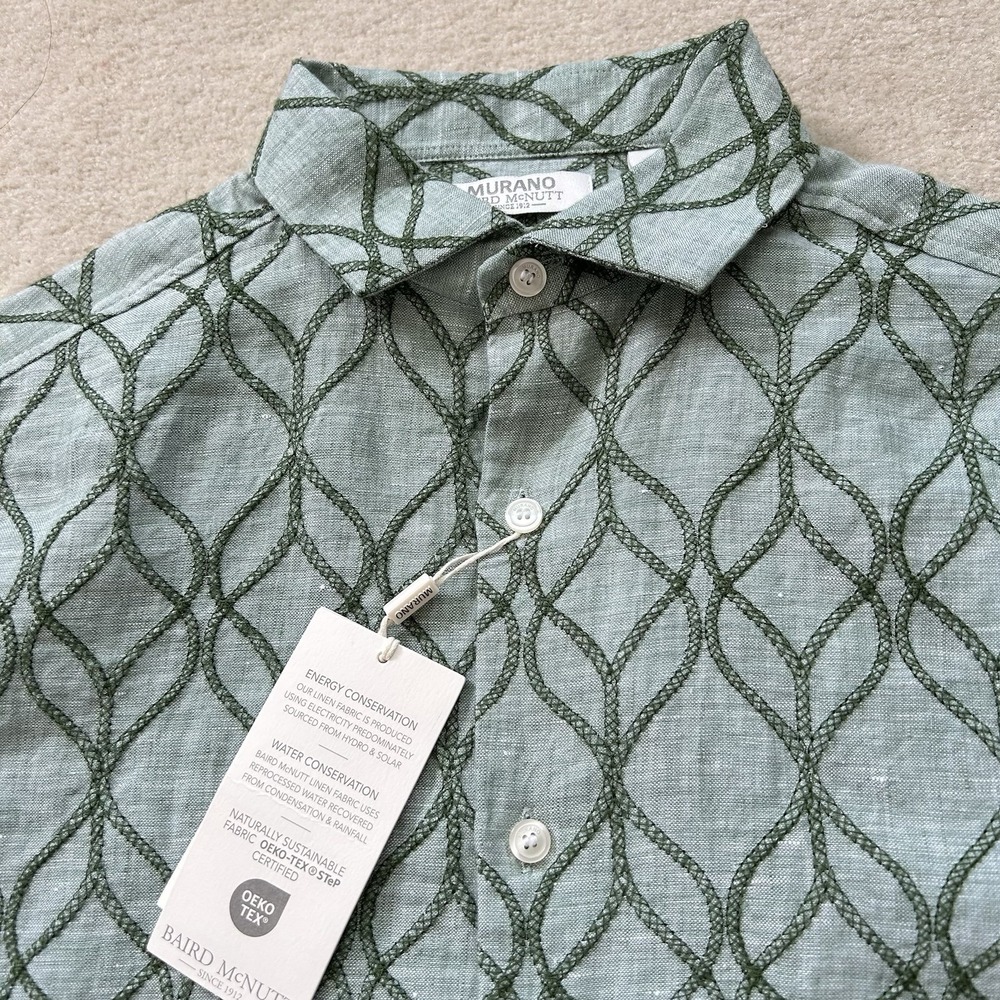 Baird McNutt Linen Shirt Men's Small Slim Murano Short Sleeve Jacquard Button Up